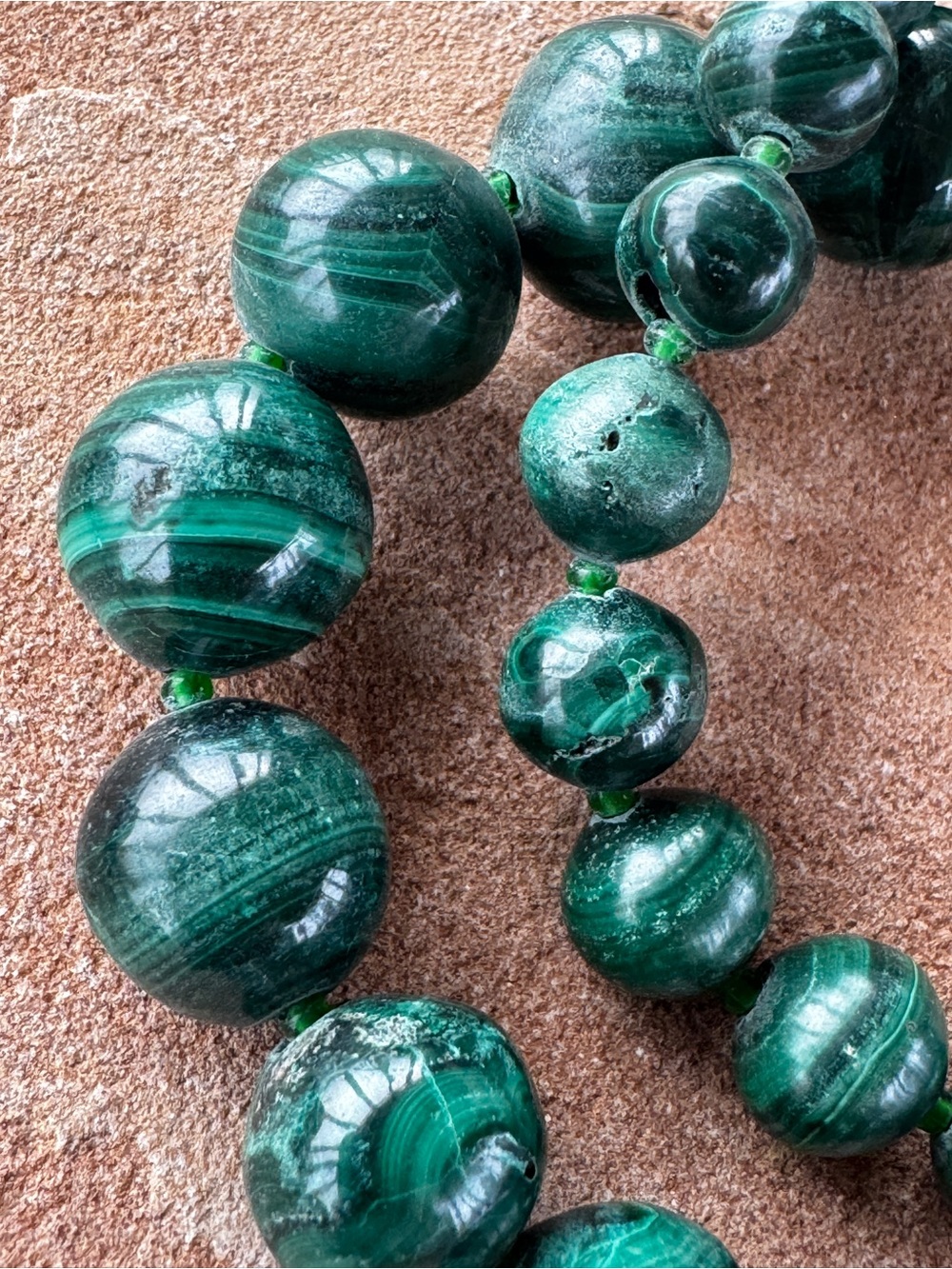 Vintage Malachite Beaded Necklace Graduated Round Beads 160 Grams / 24" Long